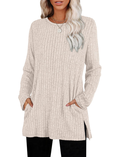Women's Crewneck Sweater with Pockets - Long Sleeve Tunic Top with Side Slits Apricot