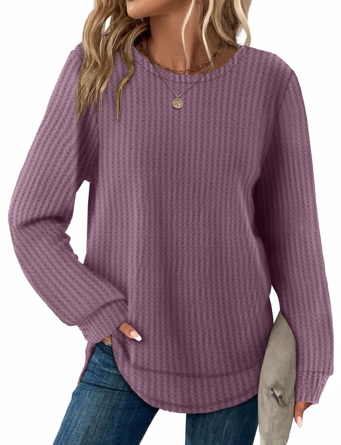 Women's Tunic Tops - Loose Fit Waffle Knit Long Sleeve Crewneck Sweaters