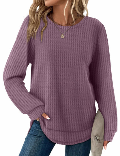 Women's Tunic Tops - Loose Fit Waffle Knit Long Sleeve Crewneck Sweaters