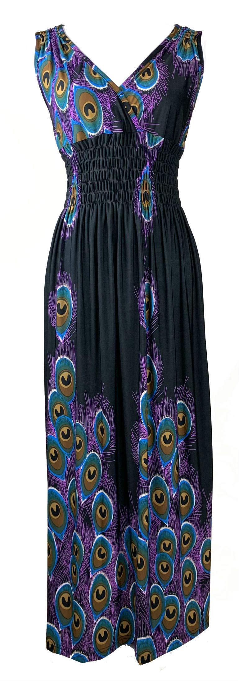 Smocked Maxi Dress - V Neck Exotic Print Dress for Maternity & Plus Size 1X Peacock - Black