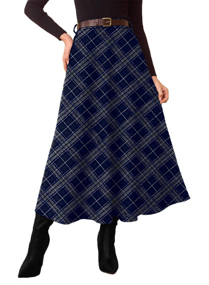Women's Plaid Skirts - High Waist A-Line Midi Tartan Skirt with Pockets Navy Blue