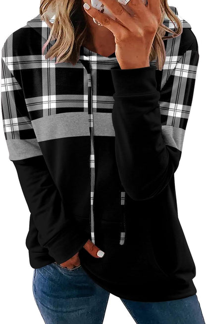 Pullover Hoodie - Tie Dye & Floral Print Hooded Sweatshirt with Pockets G-plaid Black