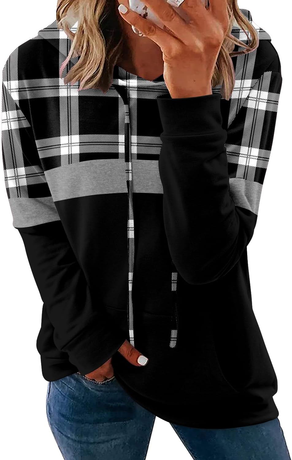 Pullover Hoodie - Tie Dye & Floral Print Hooded Sweatshirt with Pockets G-plaid Black