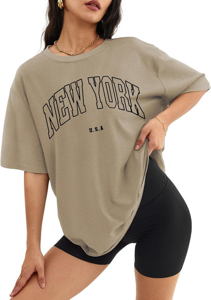 Women's Oversized T Shirts - Loose Fit Crewneck Short Sleeve Casual Tops Khaki-n