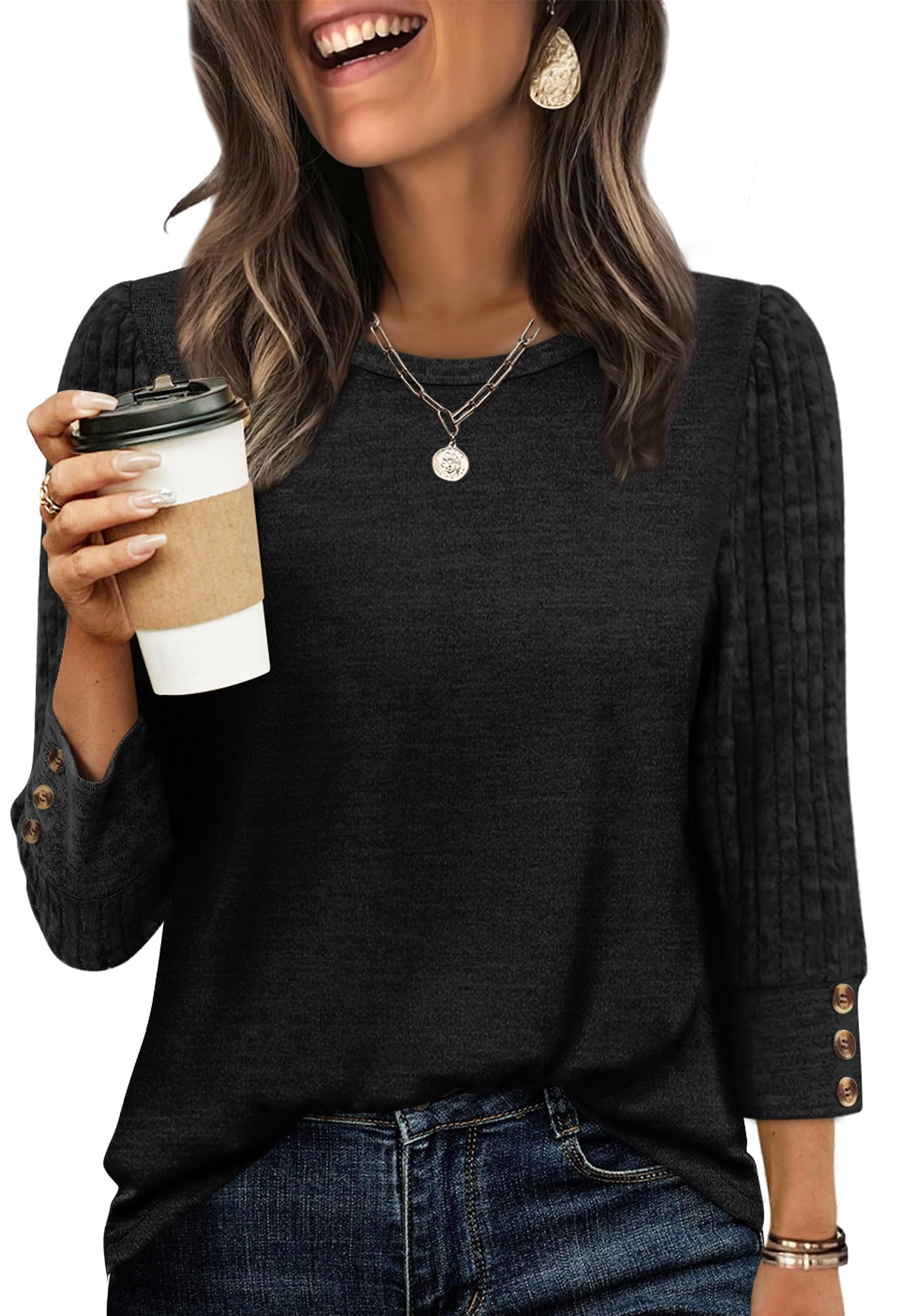 Women's Long Sleeve Shirts - Lightweight 3/4 Sleeve Sweaters with Buttons