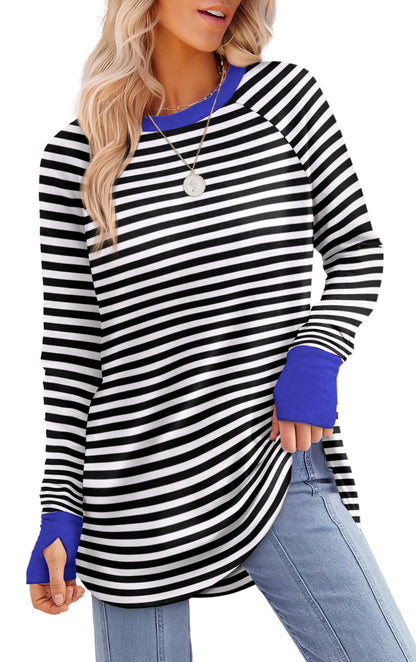 Tunic Top with Thumb Holes for Women - Long Sleeve Shirt with Curved Hem
