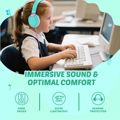 Kids Headphones Volume Limited 85/94dB - Wired Over-Ear Foldable Headset with Microphone Pink