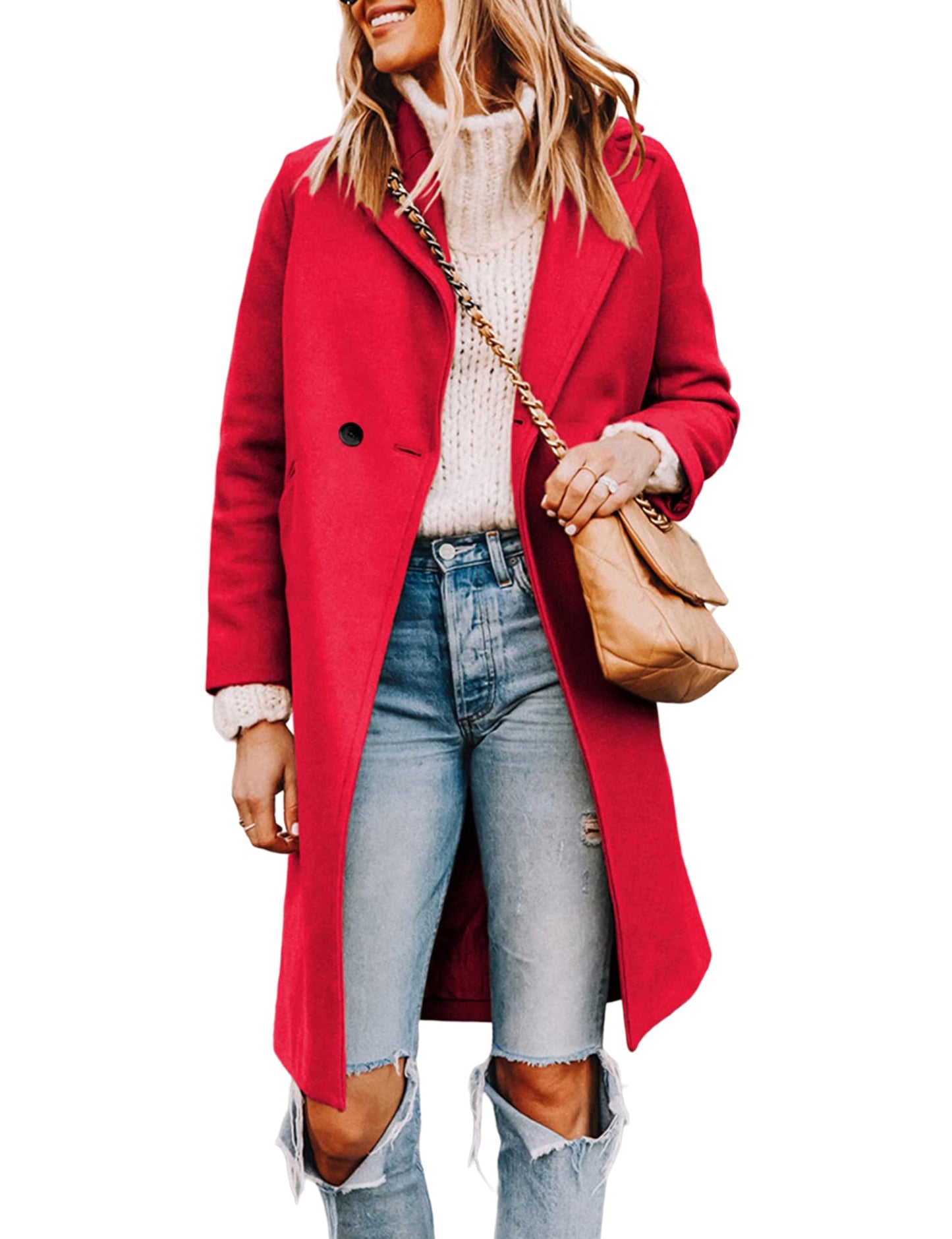 Wool Blend Pea Coat - Double Breasted Mid Length Trench Coat for Women Red