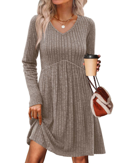 Women's Long Sleeve Sweater Dress - V Neck Empire Waist Babydoll Dress with Pockets