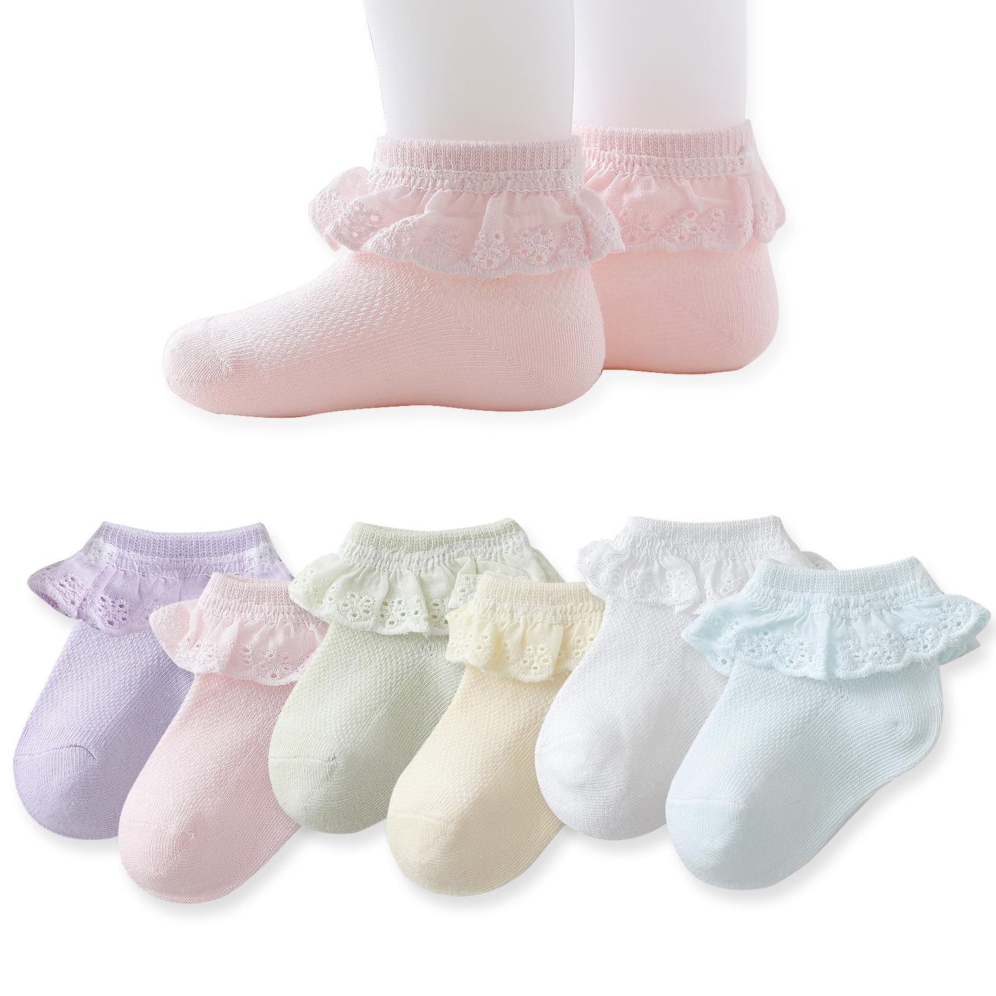 Baby Girl Lace Socks - Newborn Eyelet Ruffle Crew Socks 0-6 6-12 12-24 Months Cotton