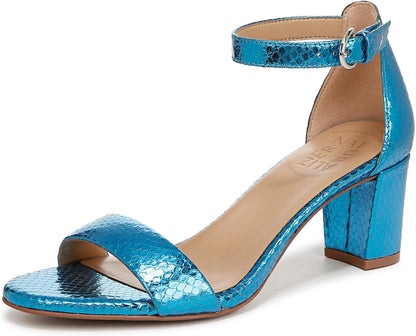 Heeled Sandals for Women - Block Heel Dress Sandals with Ankle Strap Light Blue Metallic Snake