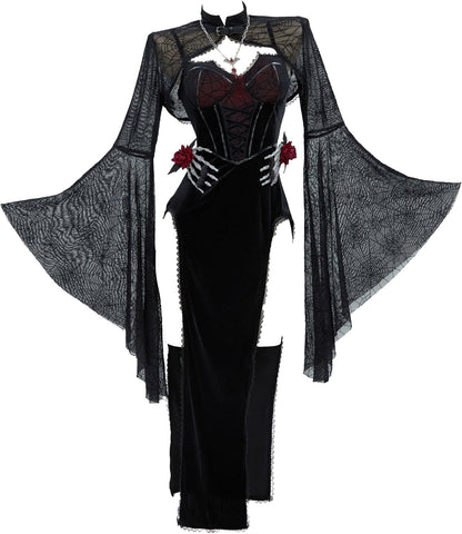 Gothic Vampire Costume - Women's Bodycon Dress with Spiderweb Cloak and Accessories Black