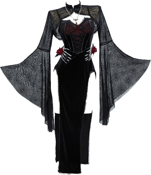 Gothic Vampire Costume - Women's Bodycon Dress with Spiderweb Cloak and Accessories