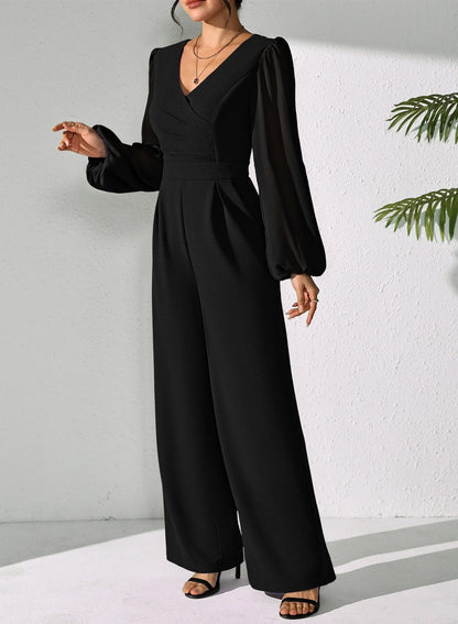 Pink Queen Jumpsuits for Women Dressy Patchwork Chiffon Sleeve V Neck Wide Leg Romper Holiday Party Outfits