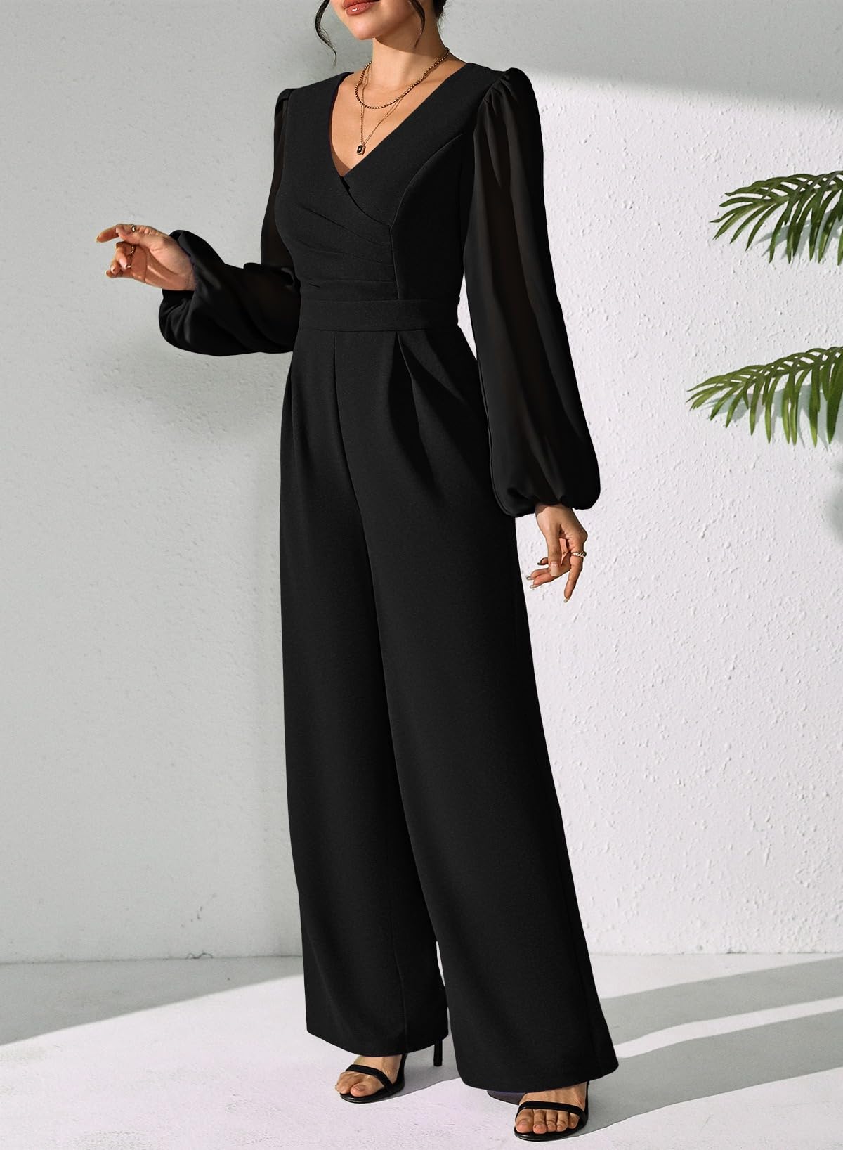 Pink Queen Jumpsuits for Women Dressy Patchwork Chiffon Sleeve V Neck Wide Leg Romper Holiday Party Outfits