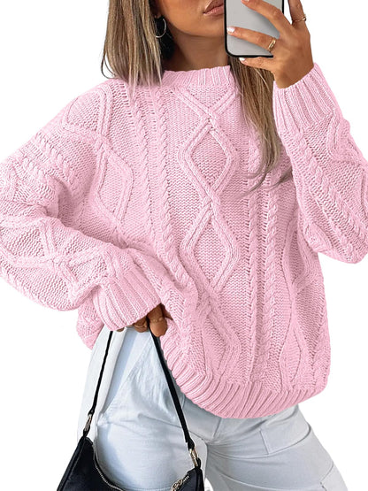 Women's Oversized Cable Knit Crewneck Sweaters - Cozy Fall Pullover