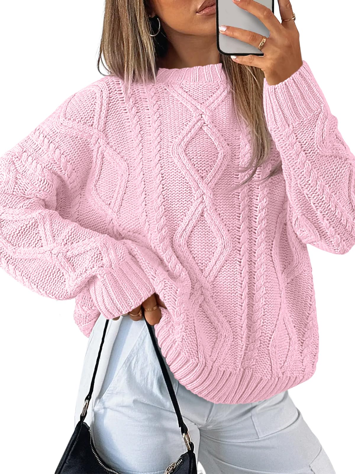 Women's Oversized Cable Knit Crewneck Sweaters - Cozy Fall Pullover Pastel Pink