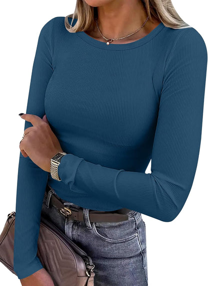 Women's Long Sleeve Rib Knit Shirt Slim Fit Crew Neck Basic Tee Deep Blue