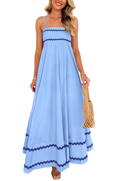 Blue Casual Dresses - Women's Sleeveless Spaghetti Strap Maxi Dress - Flowy Beach Ruffle Light Blue