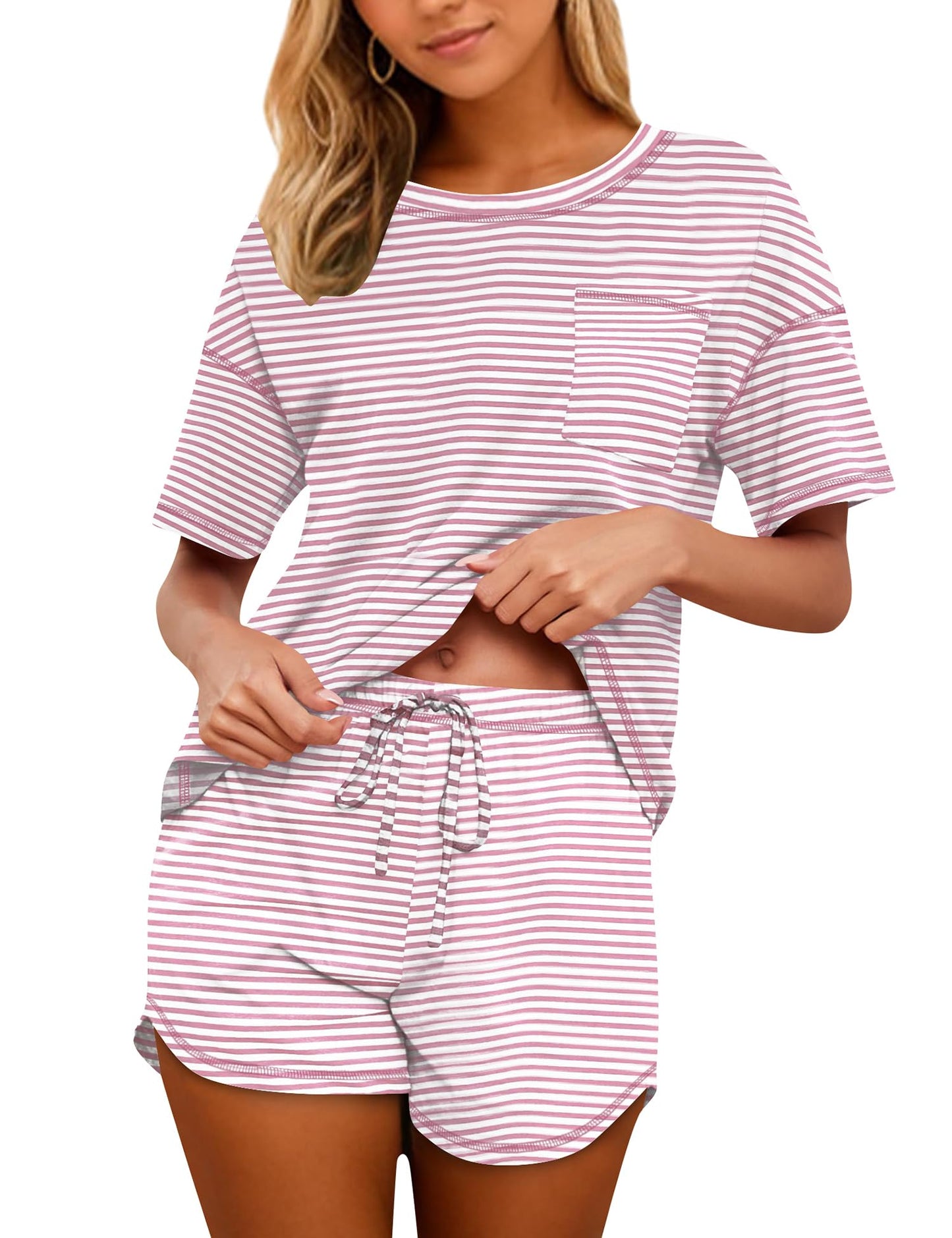 Women's Cotton Pajama Set - Short Sleeve Top and Shorts Sleepwear Lounge Set Striped Light Pink