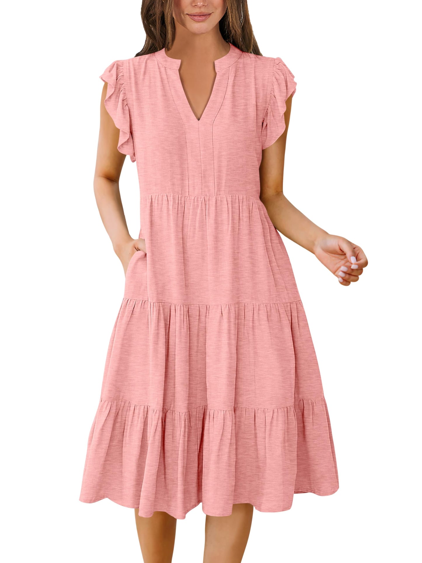 Blue Casual Dresses - Women's Summer Midi Dress - Ruffle Sleeve V-Neck Boho Beach Dress Peach