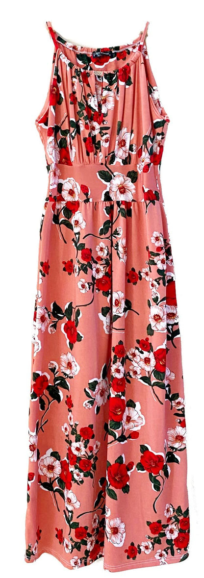 Smocked Maxi Dress - V Neck Exotic Print Dress for Maternity & Plus Size Dusty Pink W Irises