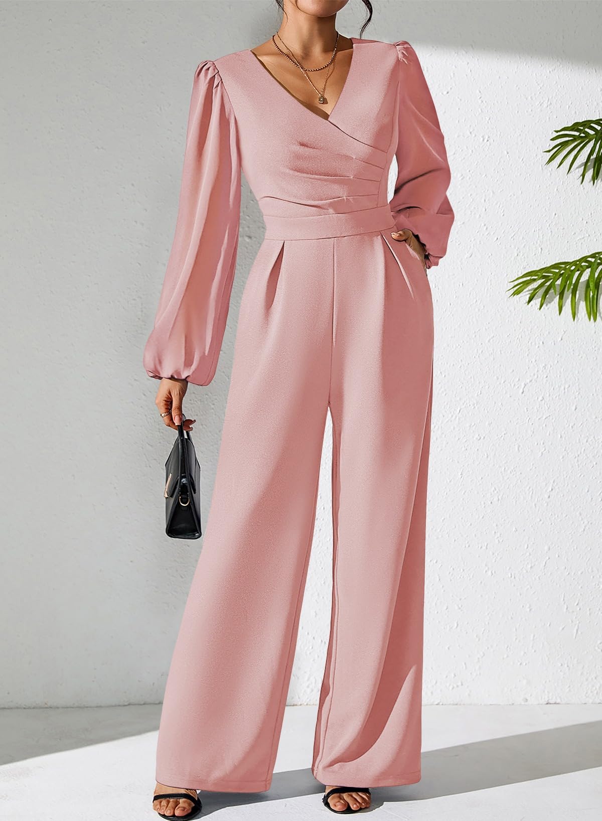 Pink Queen Jumpsuits for Women Dressy Patchwork Chiffon Sleeve V Neck Wide Leg Romper Holiday Party Outfits