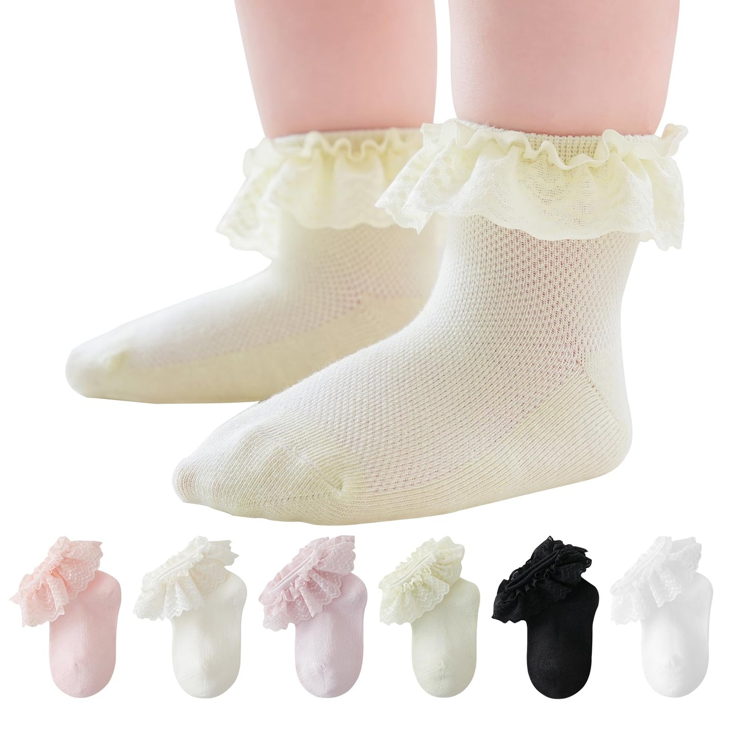 Baby Girl Lace Socks - Newborn Eyelet Ruffle Crew Socks 0-6 6-12 12-24 Months Cotton Assorted_b 6 Pack