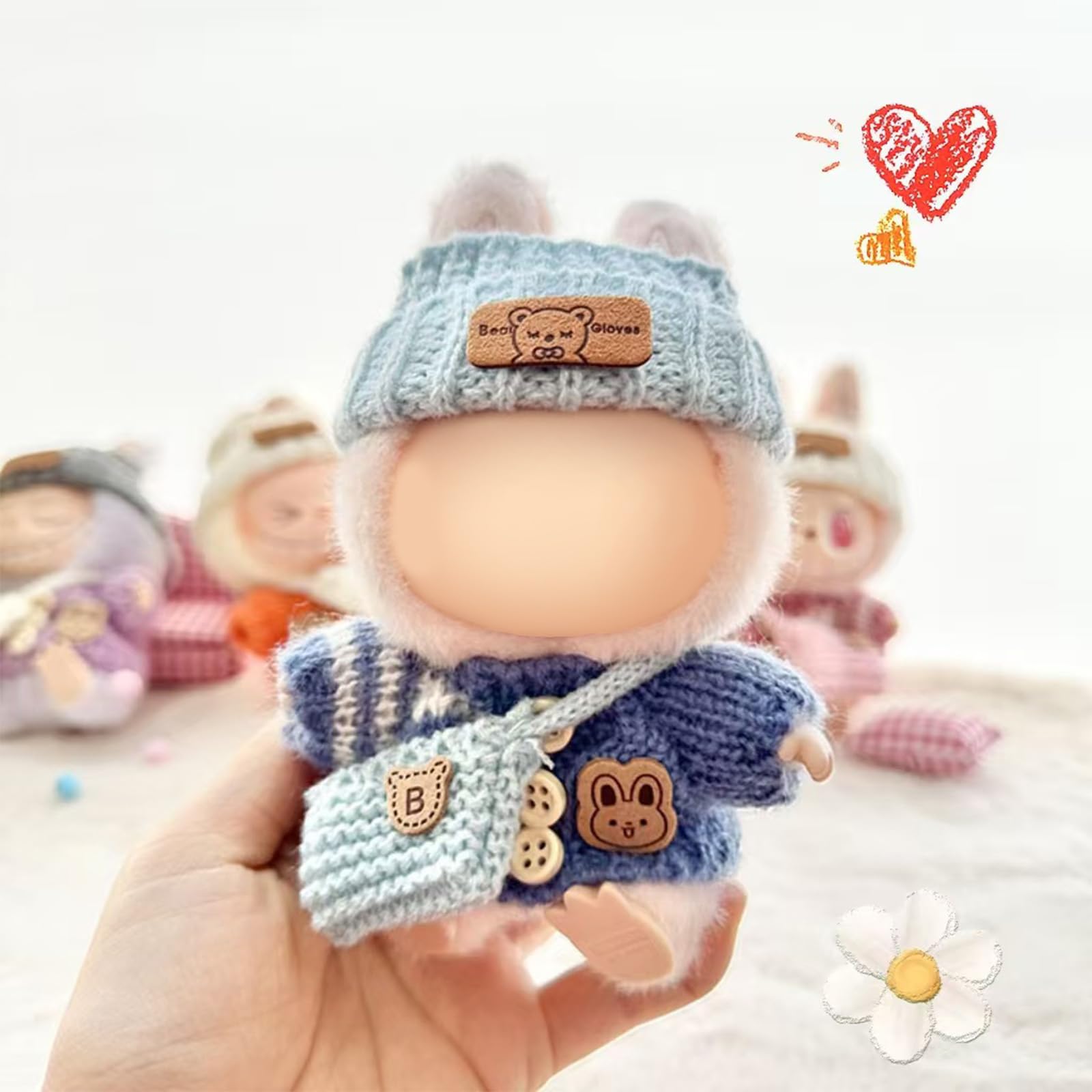 3 Piece Handmade Crochet Outfit for 17cm Dolls - Heart Sweater Hat & Bag Set