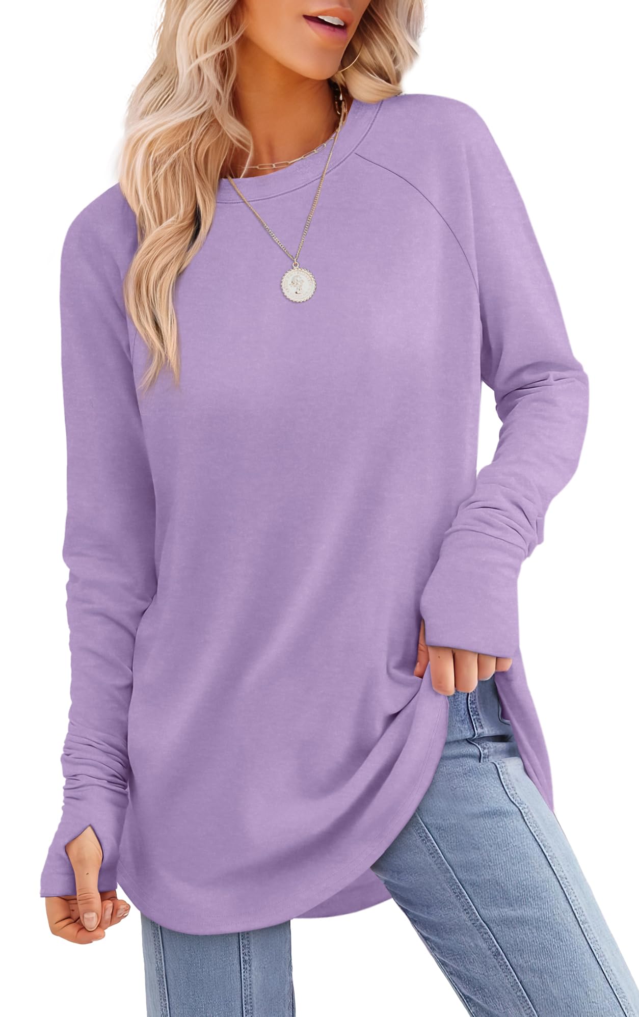Tunic Top with Thumb Holes for Women - Long Sleeve Shirt with Curved Hem
