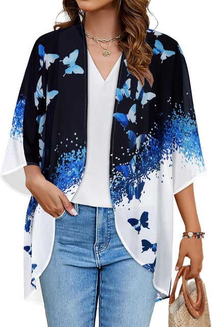 Floral Print Kimono Cardigan Women Puff Sleeve Cover Up Casual Blouse Loose Top Black Blue Butterfly