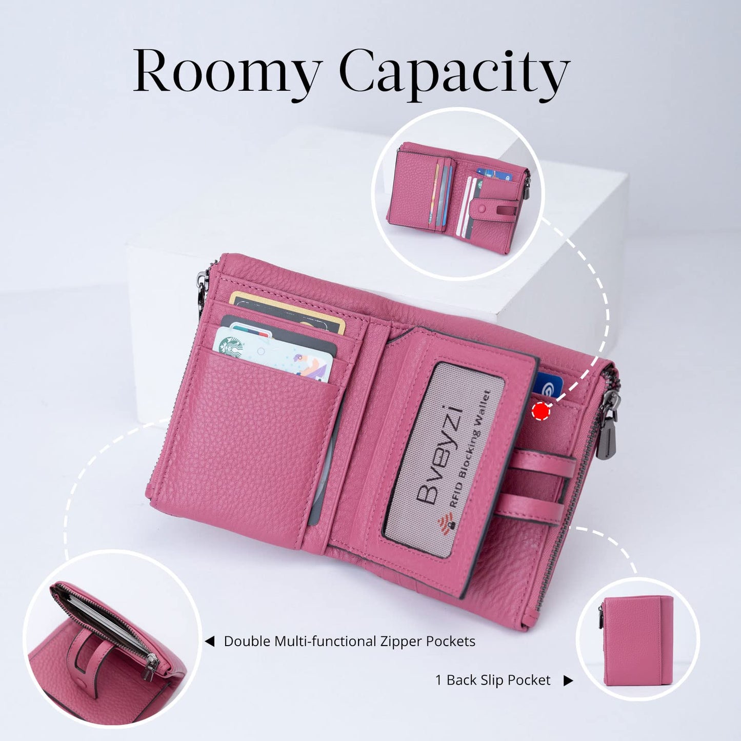 Women Leather Wallet - Small RFID Blocking Card Holder with Double Zipper