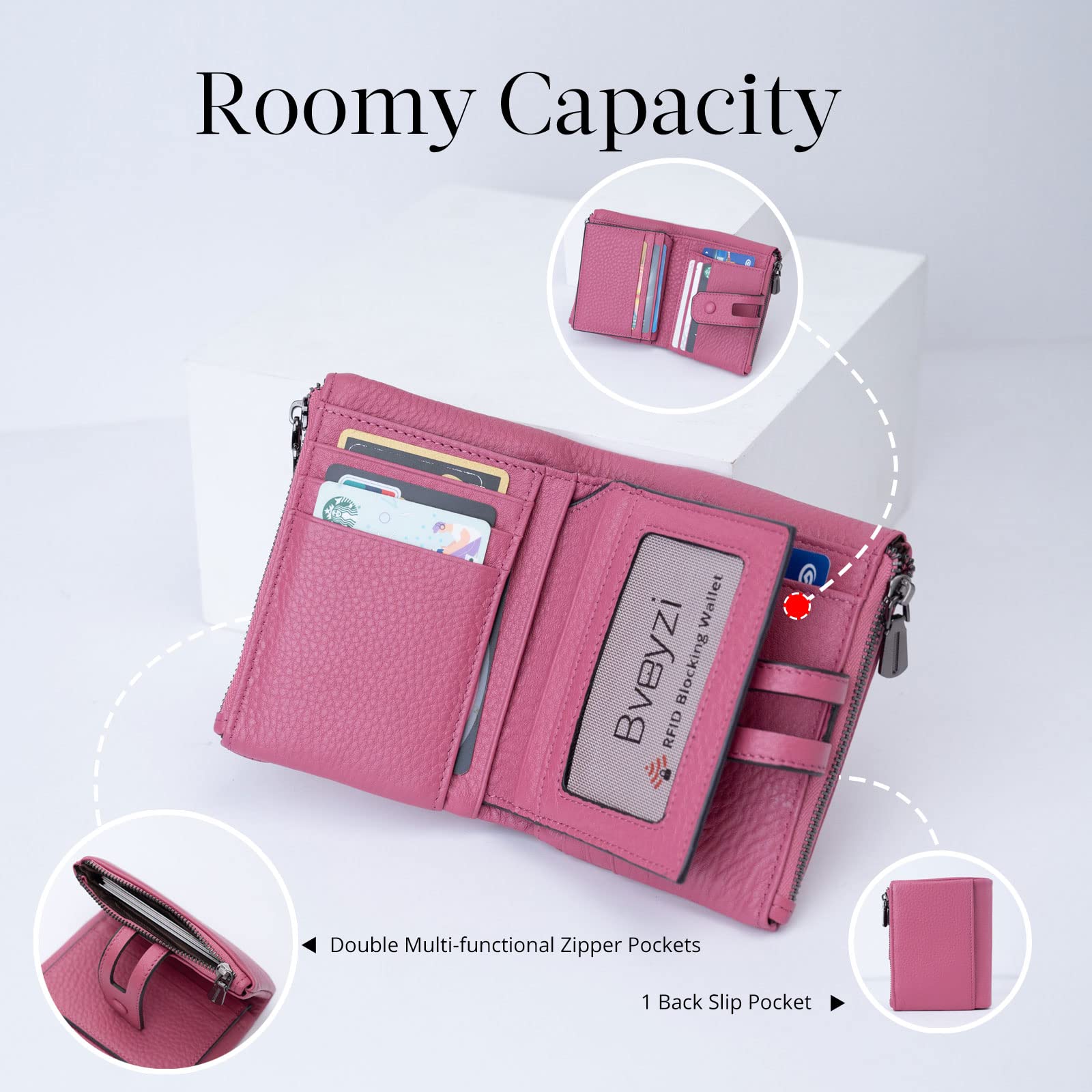 Women Leather Wallet - Small RFID Blocking Card Holder with Double Zipper