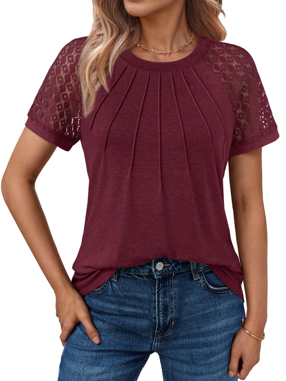 Women's Summer Lace Top Short Sleeve Business Casual Blouse Winered