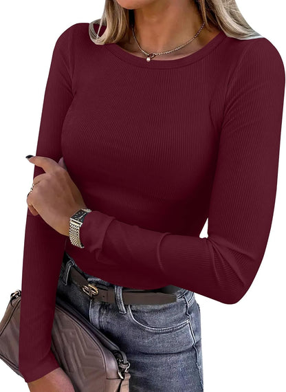 Women's Long Sleeve Rib Knit Shirt Slim Fit Crew Neck Basic Tee Deep Red