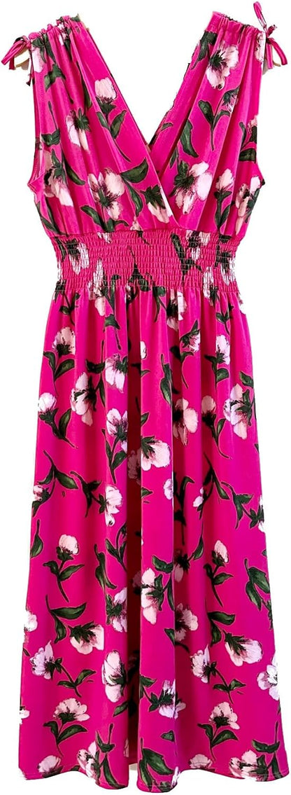 Smocked Maxi Dress - V Neck Exotic Print Dress for Maternity & Plus Size Small Raspberry Pink Floral