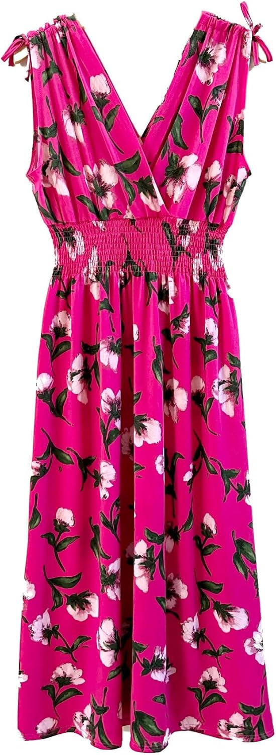 Smocked Maxi Dress - V Neck Exotic Print Dress for Maternity & Plus Size Small Raspberry Pink Floral