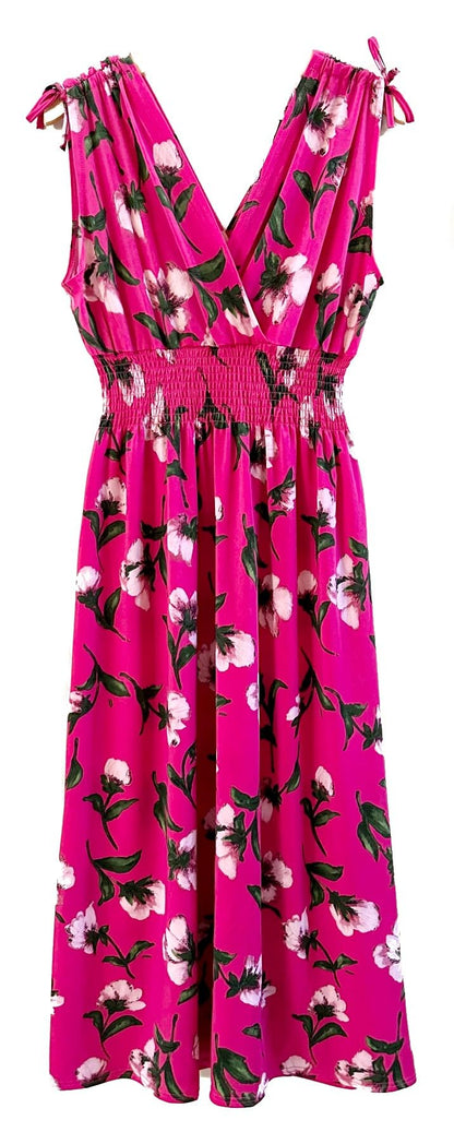 Smocked Maxi Dress - V Neck Exotic Print Dress for Maternity & Plus Size 1X Raspberry Pink Floral