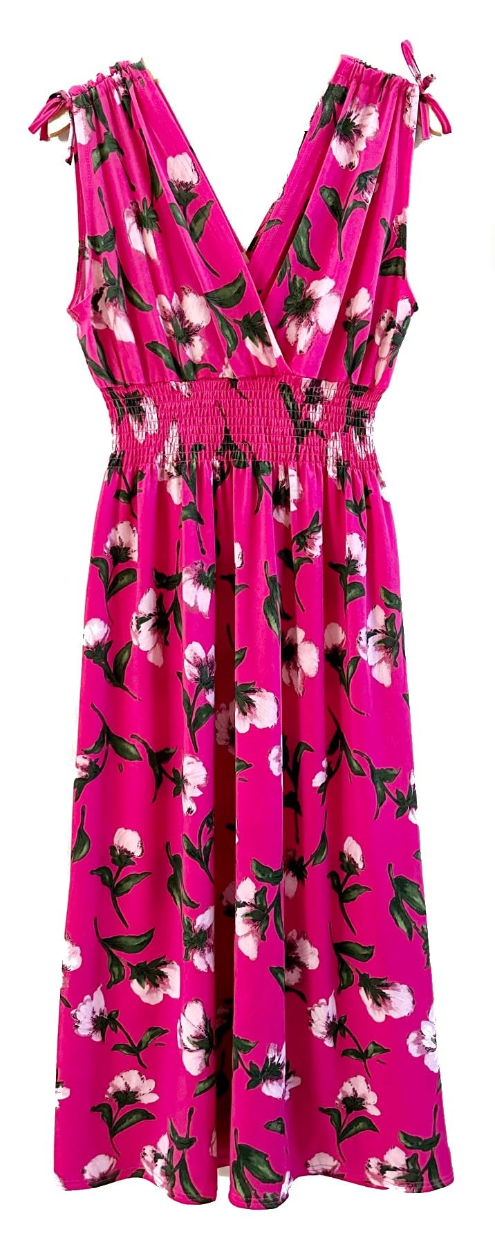 Smocked Maxi Dress - V Neck Exotic Print Dress for Maternity & Plus Size 1X Raspberry Pink Floral