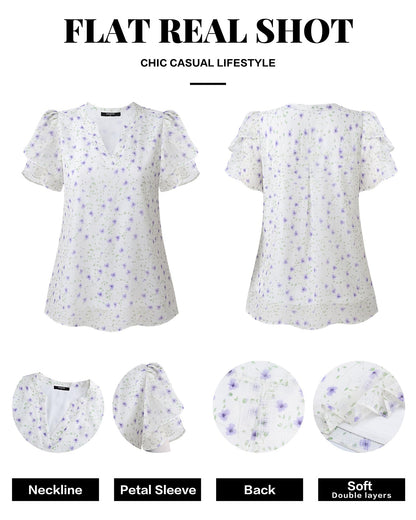 Polyester Blouses - Women's Chiffon Blouse V-Neck Puff Sleeve Summer Top for Work and Casual Wear