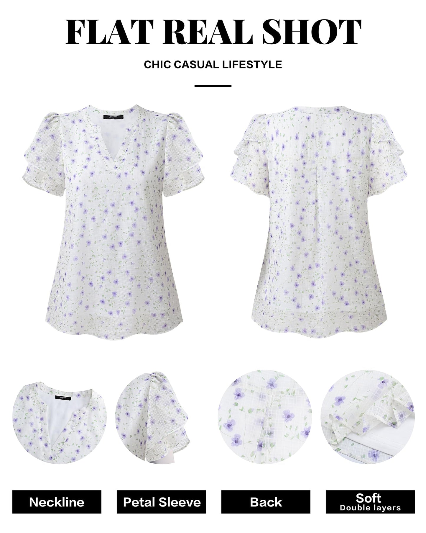 Polyester Blouses - Women's Chiffon Blouse V-Neck Puff Sleeve Summer Top for Work and Casual Wear