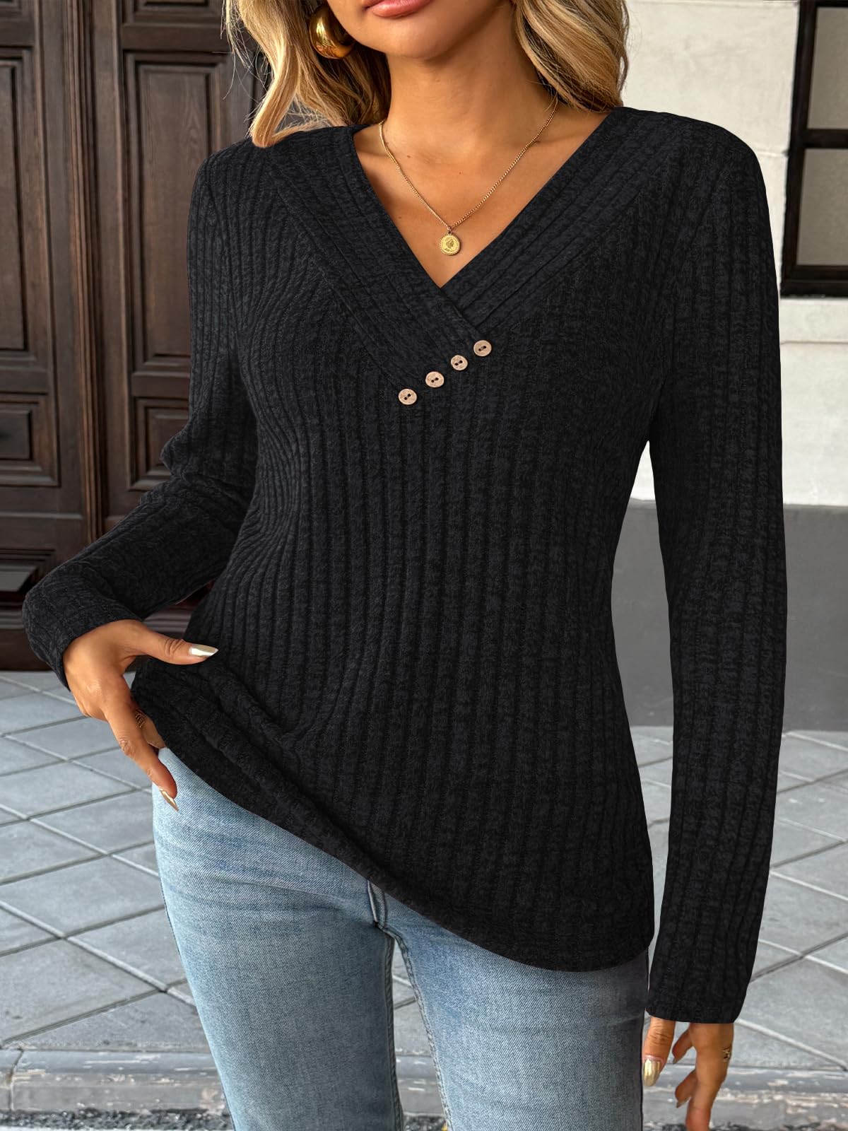 Women's Long Sleeve V Neck Tunic Tops - Dressy Casual Work Blouse Sweater