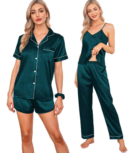 SWOMOG Womens Silk Satin Pajamas Sets 7pcs Sleepwear Sexy Cami Shorts Set and Button Down Short Sleeve Satin Pjs