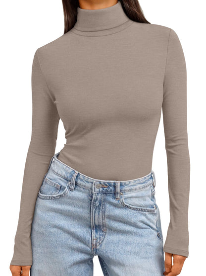 Women's Turtleneck Long Sleeve Shirts - Basic Thermal Underwear Tops Khaki