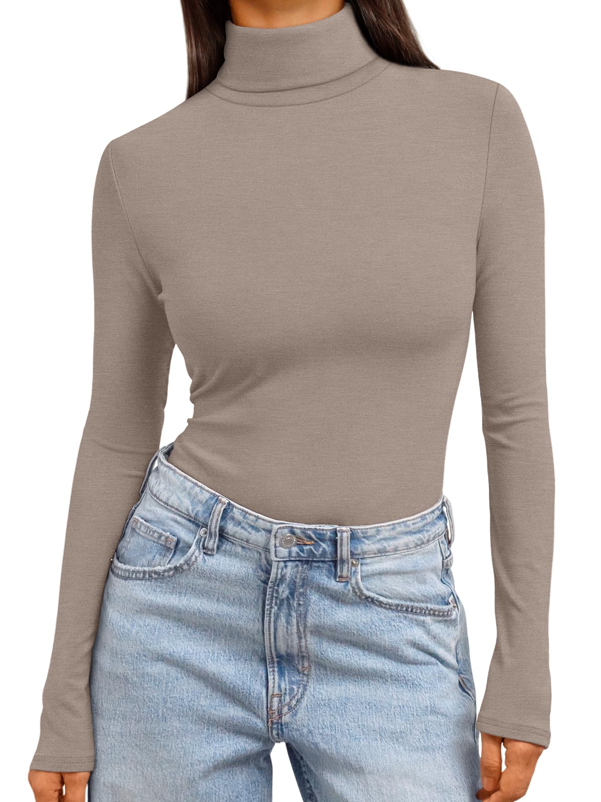 Women's Turtleneck Long Sleeve Shirts - Basic Thermal Underwear Tops Khaki