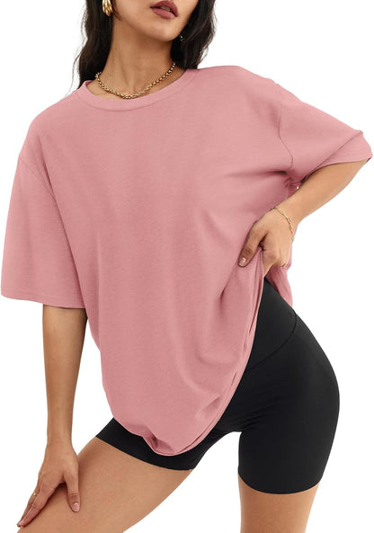 Women's Oversized T Shirts - Loose Fit Crewneck Short Sleeve Casual Tops Cameo Pink