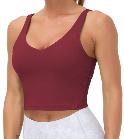 Longline Sports Bra Women Wirefree Padded Medium Support Workout Bra Wine Red