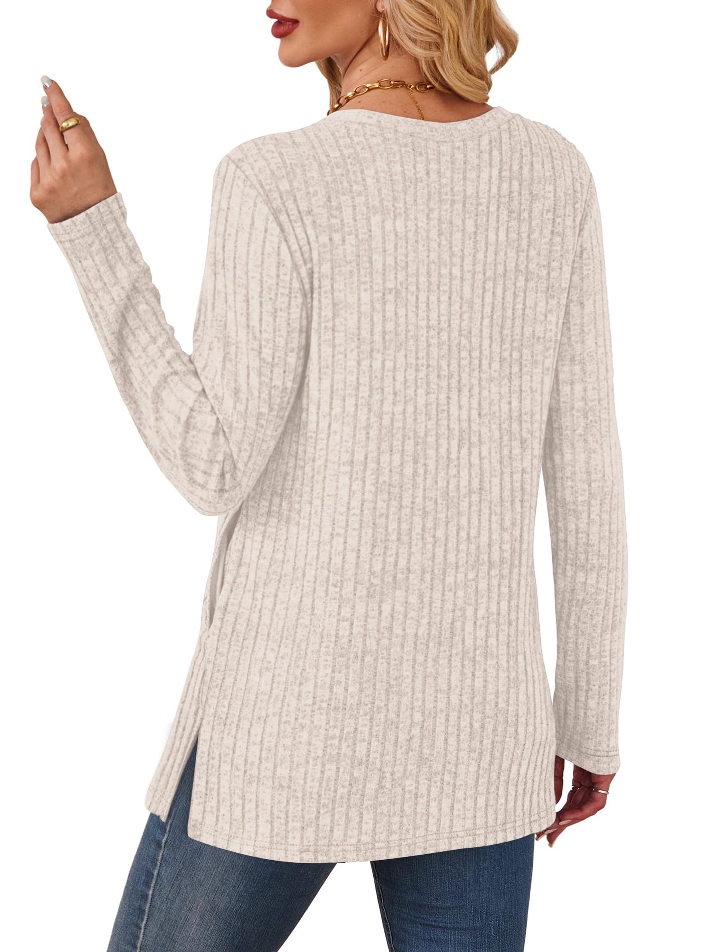 Women's Crewneck Sweater with Pockets - Long Sleeve Tunic Top with Side Slits