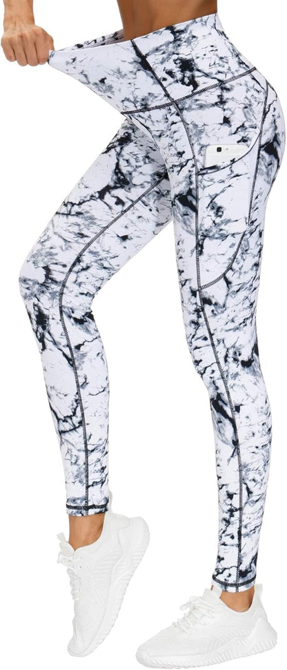 Women's High Waisted Yoga Leggings with Pockets - Thick Tummy Control Workout Pants Black Marble White