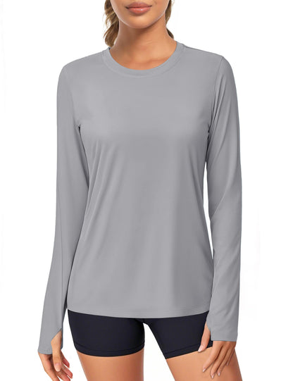 Women's UPF 80+ Long Sleeve Rash Guard - Quick Dry Athletic Shirt with Thumb Holes Light Grey